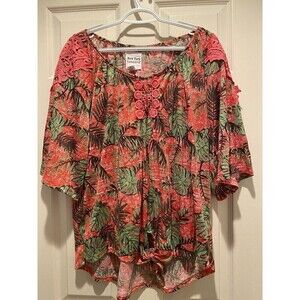 New York Laundry Women's Pink  Botanical Lace Short Sleeve Tie Front Top Size 2X